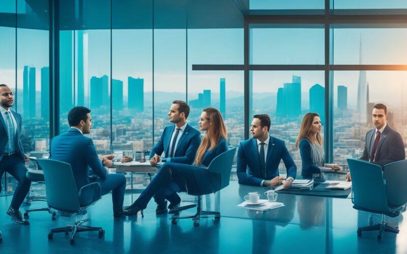 A professional, cinematic photo of a diverse international business team collaborating in a modern Turkish office, with cityscape views symbolizing market entry and global hiring, emphasizing connection, compliance, and fast-paced growth without visible logos or text.