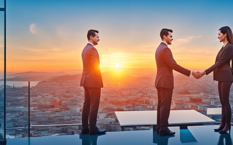 A professional businesswoman and businessman shaking hands in a modern office with a panoramic view of Istanbul’s skyline at sunset, symbolizing seamless and compliant international hiring through an Employer of Record in Turkey.