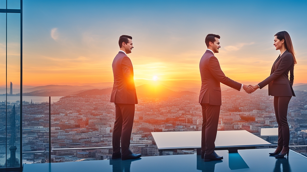 A professional businesswoman and businessman shaking hands in a modern office with a panoramic view of Istanbul’s skyline at sunset, symbolizing seamless and compliant international hiring through an Employer of Record in Turkey.