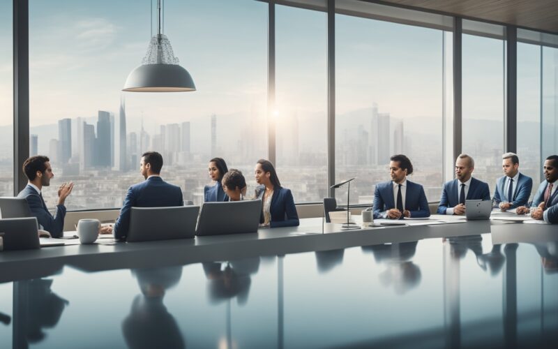 A dynamic, cinematic image of a diverse group of professional businesspeople collaborating around a sleek conference table with Turkish cityscape visible through large windows behind them, symbolizing seamless global hiring and compliance in Turkey.