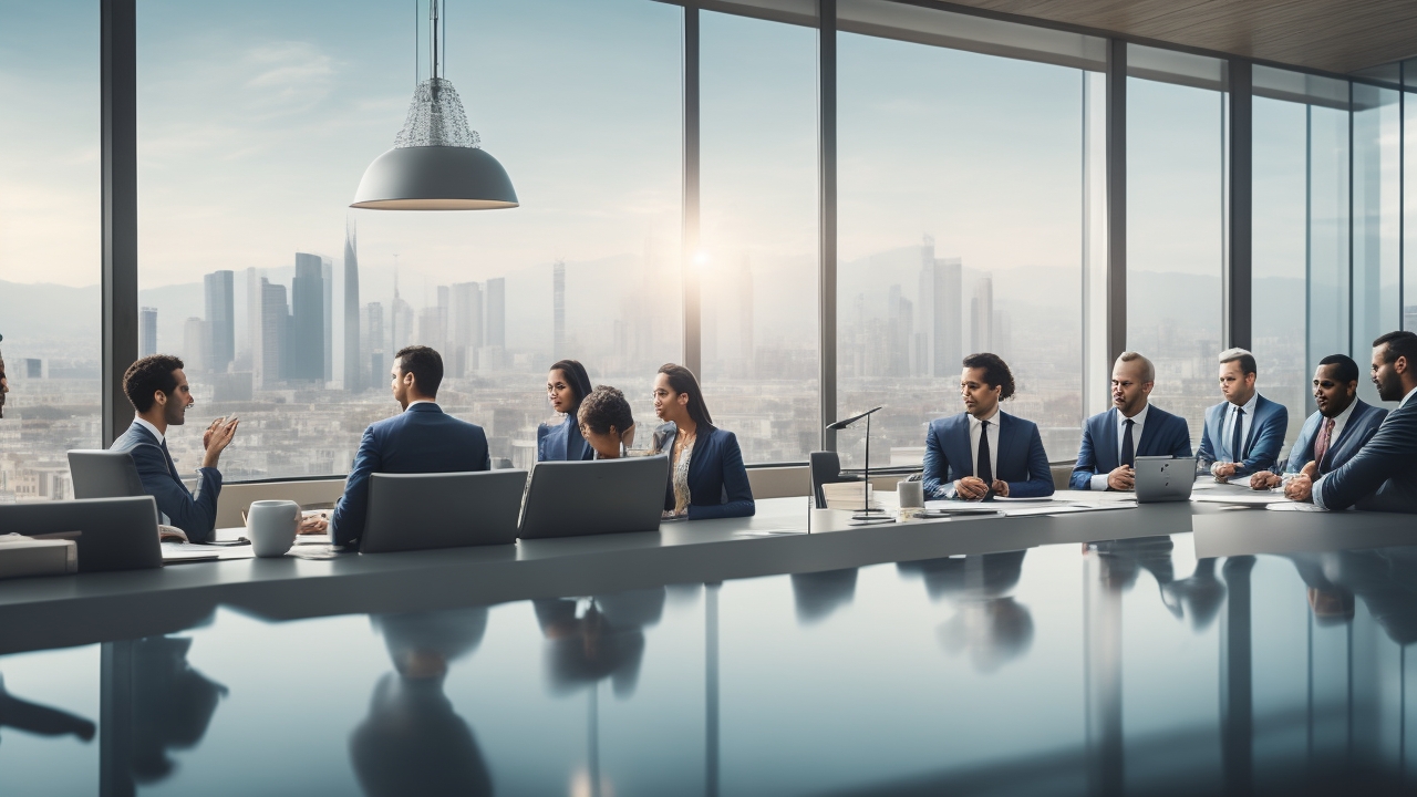 A dynamic, cinematic image of a diverse group of professional businesspeople collaborating around a sleek conference table with Turkish cityscape visible through large windows behind them, symbolizing seamless global hiring and compliance in Turkey.